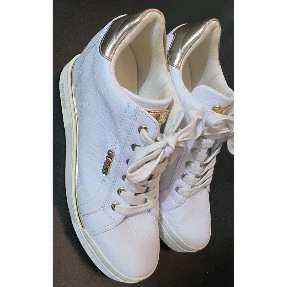 Guess Shoes "Flowurs" Women's White Gold Embossed Platform Wedge Heel Sneakers 9